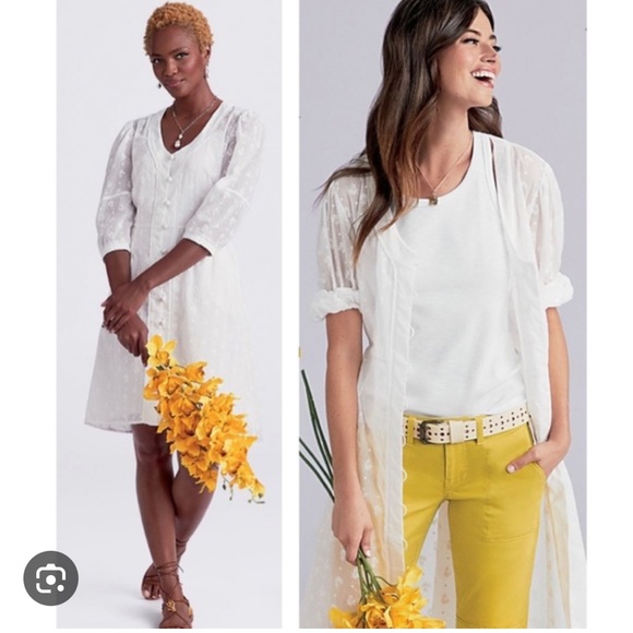 CAbi Dresses & Skirts - CABI White Midsummer Puff Sleeve Button Down Embroidered Dress Size 8